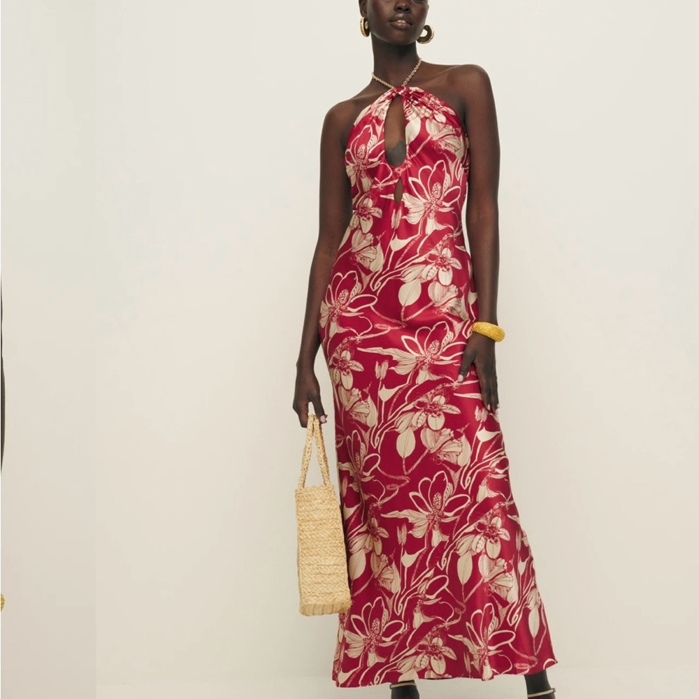 REFORMATION Yesenia Silk Dress  Floral Halter Maxi Dress - Red